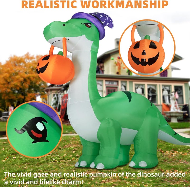Kendane 10FT Halloween Inflatable Huge Dinosaur Decorations Outdoor, Blow Up Yard Decorations Built-in LED Lights,Halloween Party Decorations with Witch Hat and Pumpkin,for Garden/Lawn. - Image 3